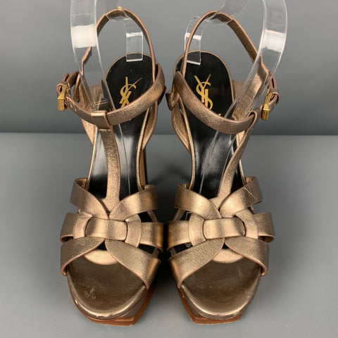 YSL Size 9.5 Metallic Rose Gold Leather Platform Sandals