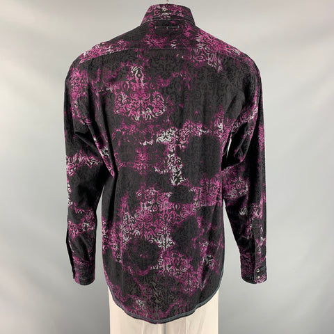 GEORG ROTH Size XXL Purple & Black Print Cotton Snaps Long Sleeve Shirt