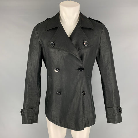 EMANUEL UNGARO Size 38 Black Solid Linen Peacoat Coat