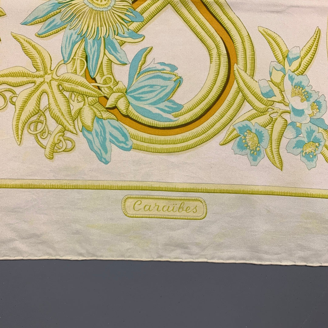 Vintage Caraibes HERMES bufanda de seda con estampado de pájaros amarillos y blancos