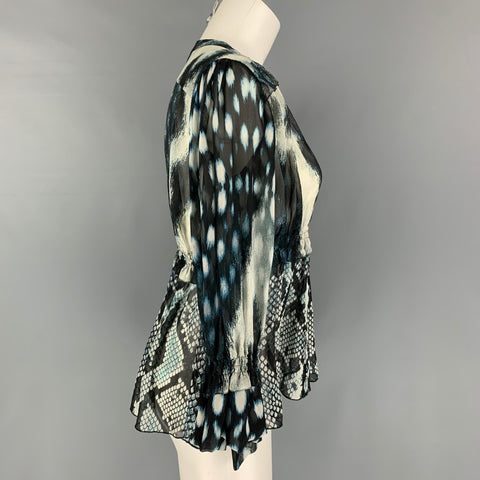ROBERTO CAVALLI Size 2 Grey Blue Cream Silk Snake Skin Print V-Neck Blouse
