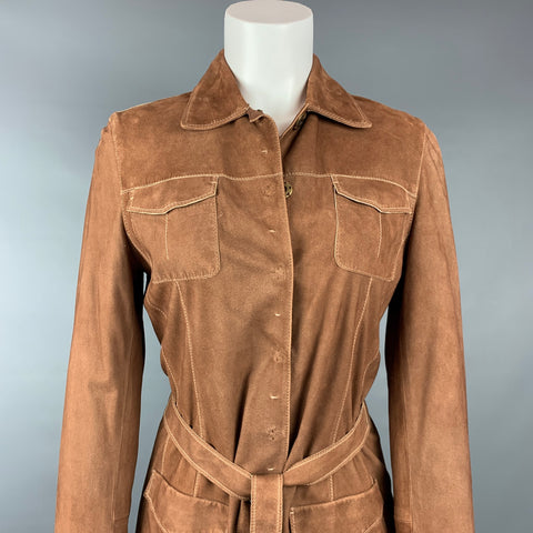 ELIE TAHARI Taille S Veste ceinturée en daim à coutures contrastées beige
