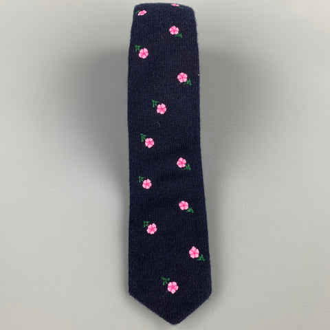 GUCCI Navy Embroidered Floral Knit Narrow Tie