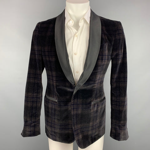 PORTS 1961 Size 38 Regular Black & Grey Plaid Velvet Shawl Collar Sport Coat