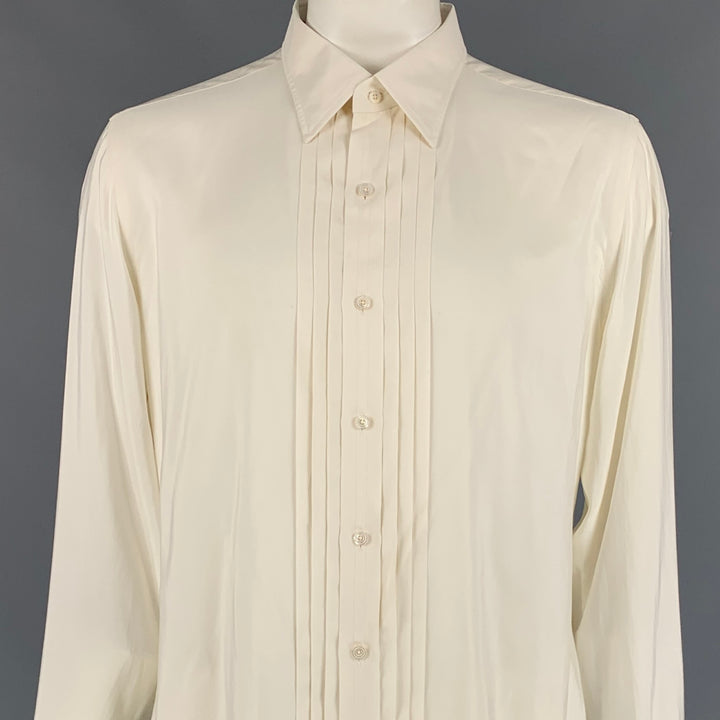 TOM FORD Size XL Cream Pleated Silk French Cuff Long Sleeve Shirt