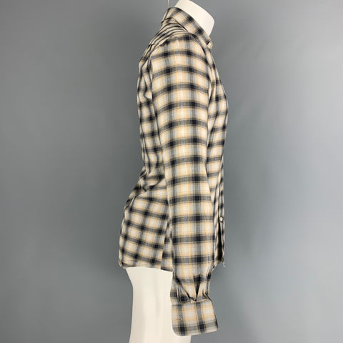 REISS Size S Beige Black Plaid Cotton One pocket Long Sleeve Shirt