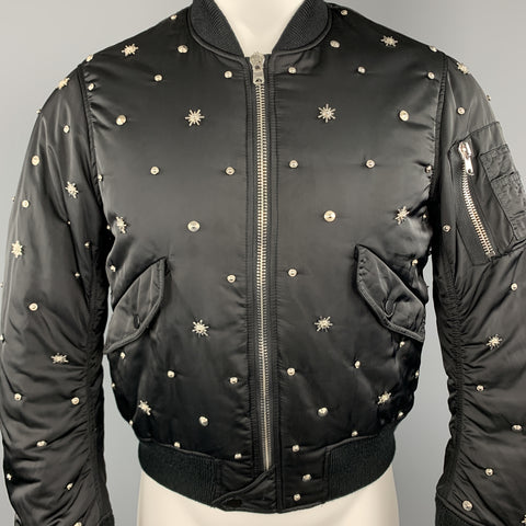 SANDRO Size XS Black Silver Tone Star Studded Nylon Bomber Flight Jacket