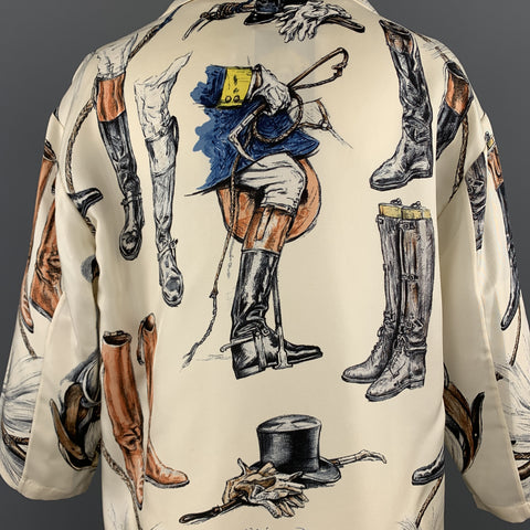 HERMES Size 6 Cream Silk Equestrian A PROPES DE BOTTES Print Blouse