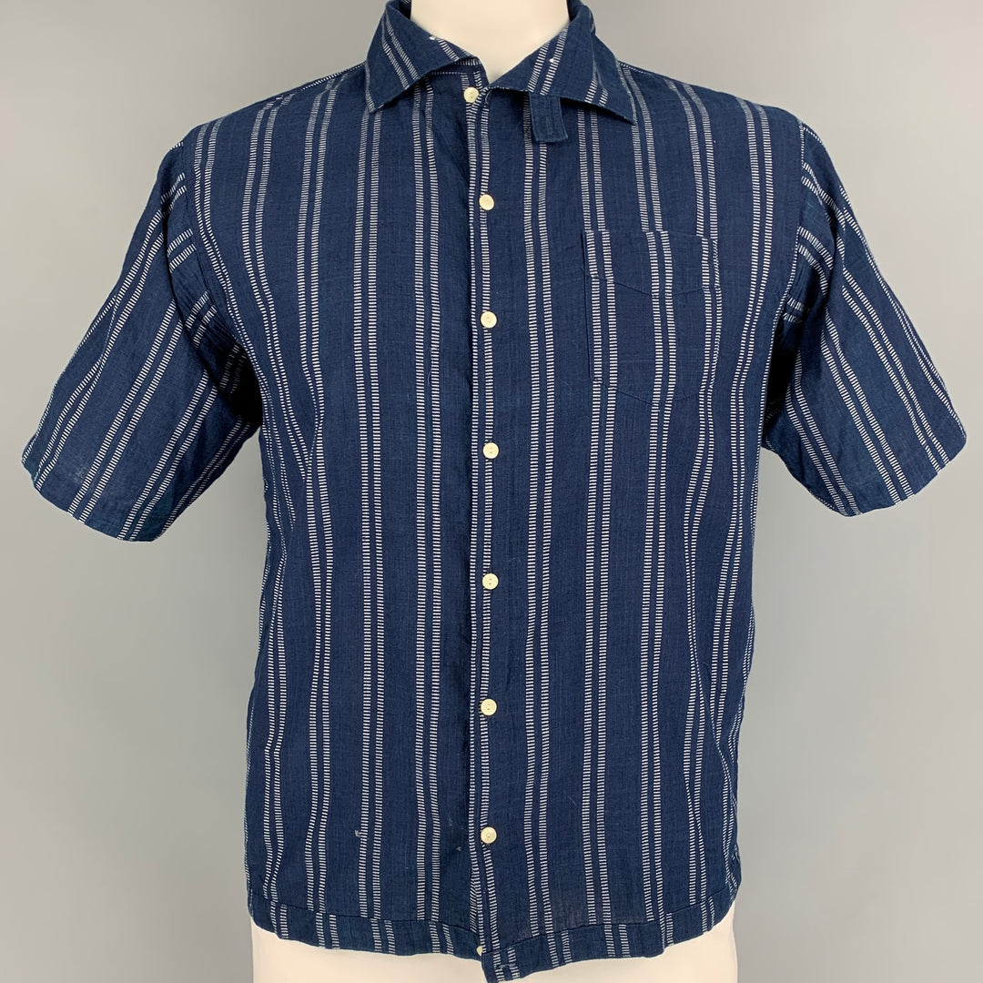 HOME RUN Size L Indigo & White Stripe Cotton Button Up Short Sleeve Shirt