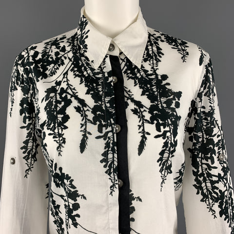 ANN DEMEULEMEESTER Size 2 Black & White Floral Print Cotton Blouse