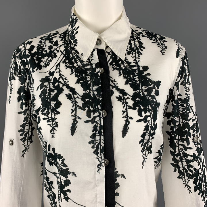 ANN DEMEULEMEESTER Talla 2 Blusa de algodón con estampado floral en blanco y negro