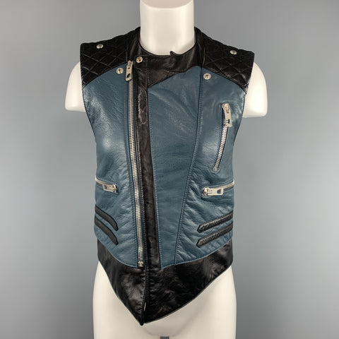 BALENCIAGA Size 8 Black & Teal Blue Quilted Leather Biker Vest