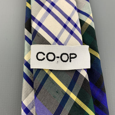 BARNEY'S CO-OP Blue White Yellow & Green Plaid Silk Skinny Tie