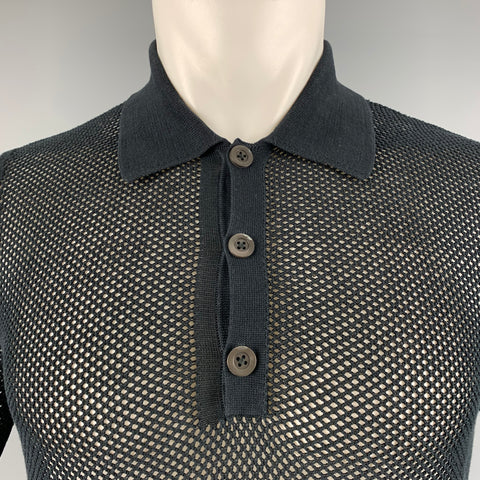 DRIES VAN NOTEN Size M Black Mesh Cotton Buttoned Polo