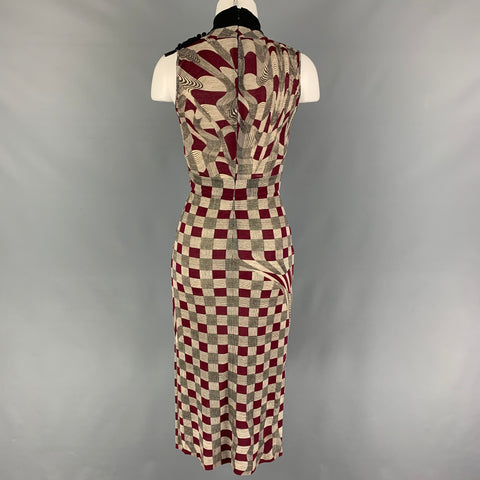 PRADA Size 2 Burgundy Brown Viscose Checkered Sleeveless Mid-Calf Dress