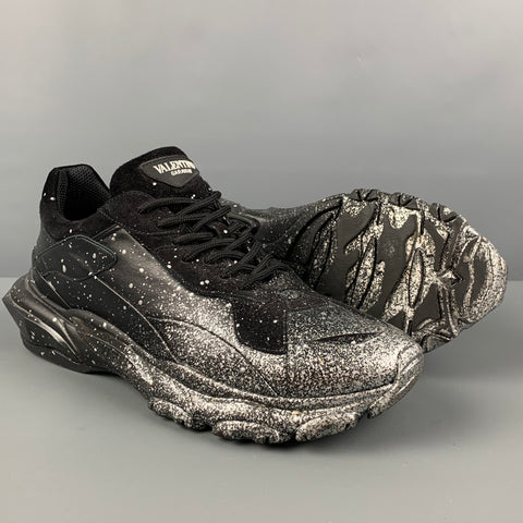 VALENTINO Size 10.5 Black Silver Paint Splatter Leather Bounce Sneakers