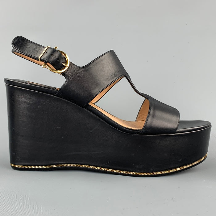 SALVATORE FERRAGAMO Fiamma Size 8.5 Black Leather Platform Sandals