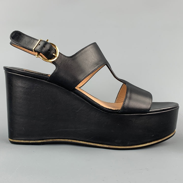 SALVATORE FERRAGAMO Fiamma Size 8.5 Black Leather Platform Sandals