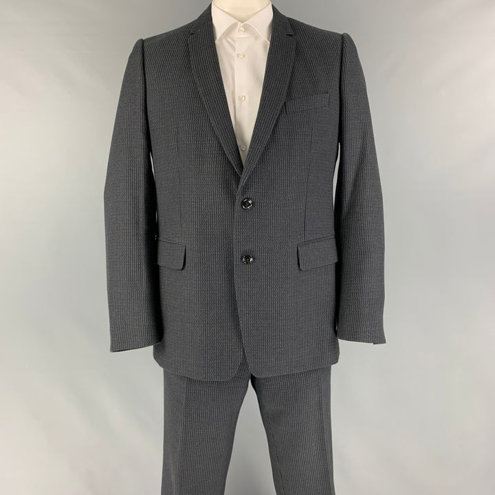 DRIES VAN NOTEN Size 44 Navy Brown Print Wool Cotton Notch Lapel Suit