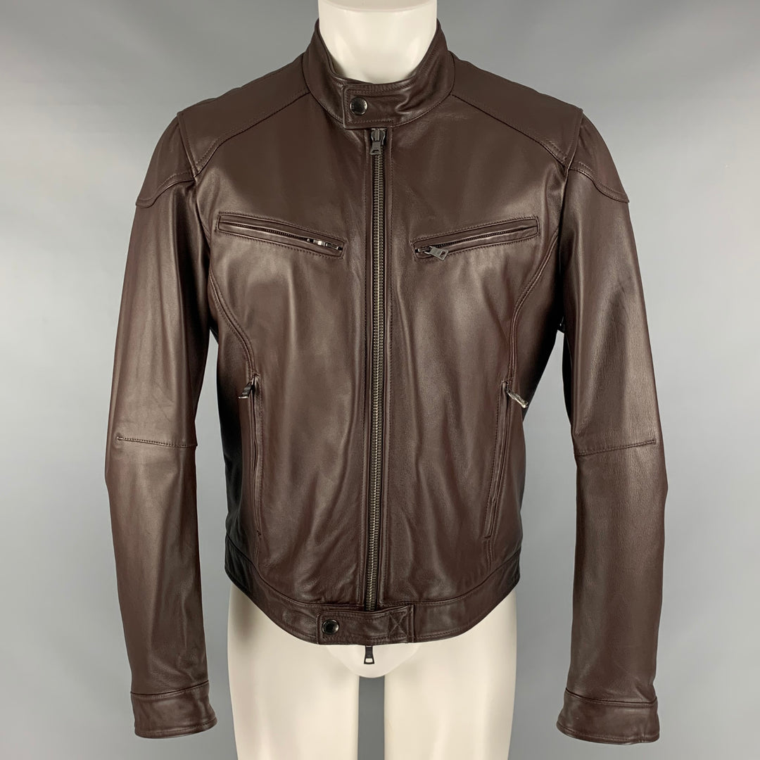 KENT &amp; CURWEN Taille M Veste zippée en cuir massif marron