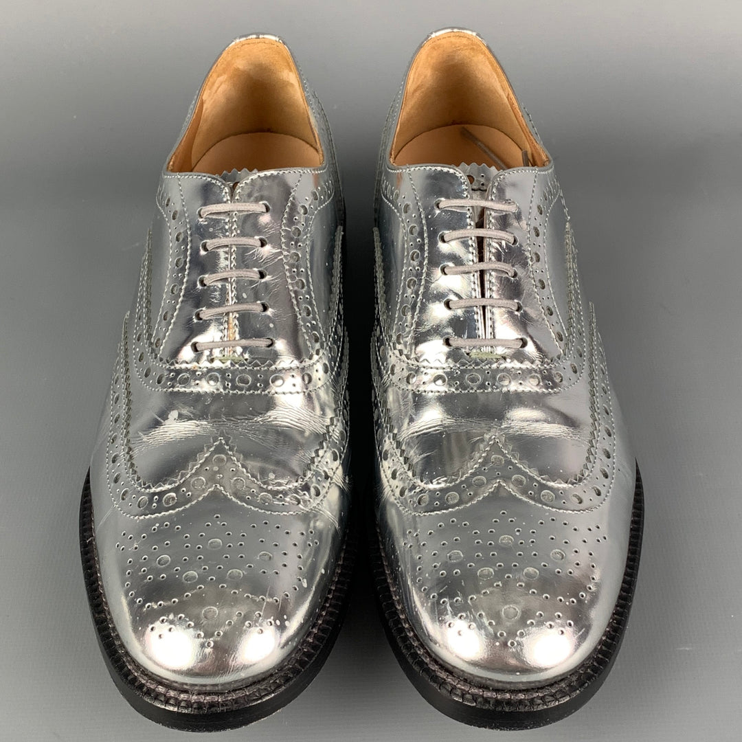 CHURCH'S Size 7.5 Silver Perforated Metallic Leather Wingtip Shoes