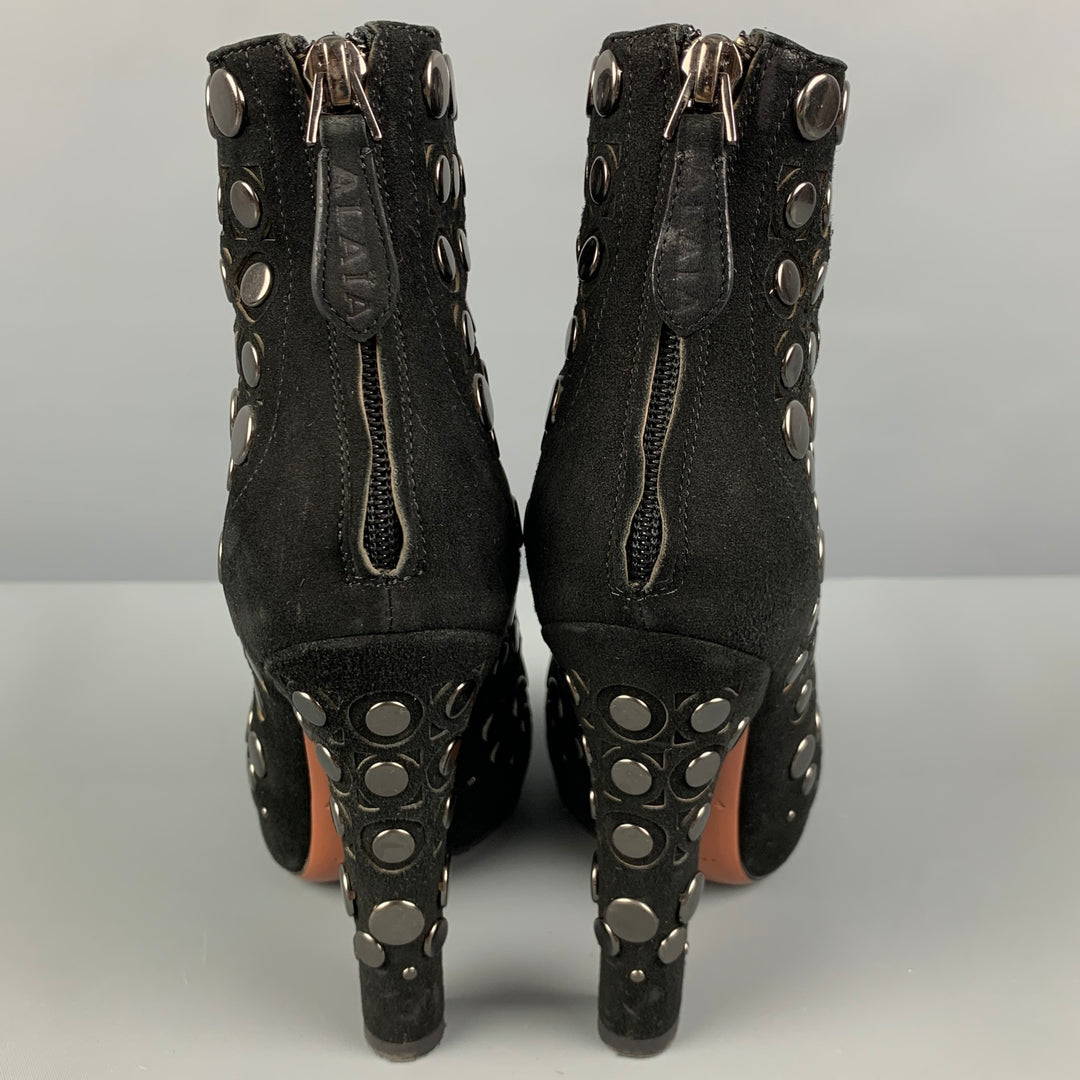 ALAIA Size 7.5 Black Leather Studded Suede Back Zip Boots