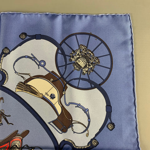 HERMES Springs  Blue Light Blue Equestrian Silk Twill Pocket Square