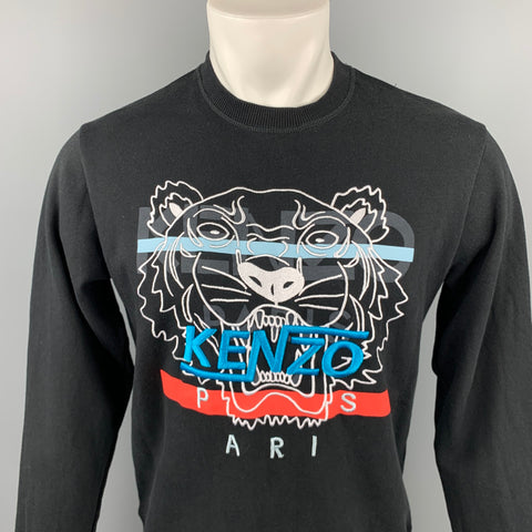 KENZO Size M Black & Blue Tiger Embroidered Cotton Crew-Neck Pullover