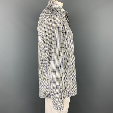 ERMENEGILDO ZEGNA Size XL White & Green Plaid Cotton Long Sleeve Shirt