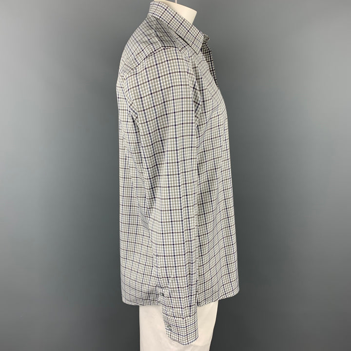 ERMENEGILDO ZEGNA Size XL White & Green Plaid Cotton Long Sleeve Shirt