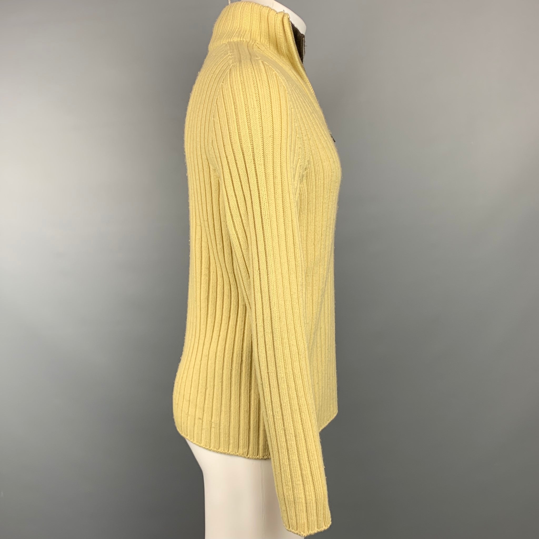 HERMES Size L Yellow Ribbed Knit Wool / Cashmere Half Zip Sweater