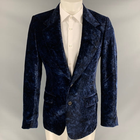 YVES SAINT LAURENT Size 38 Regular Navy Print Velvet Notch Lapel Sport Coat