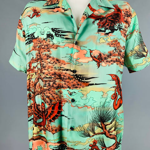 GIVENCHY Talla L Camisa de manga corta Campamento de seda con estampado verde rojo naranja