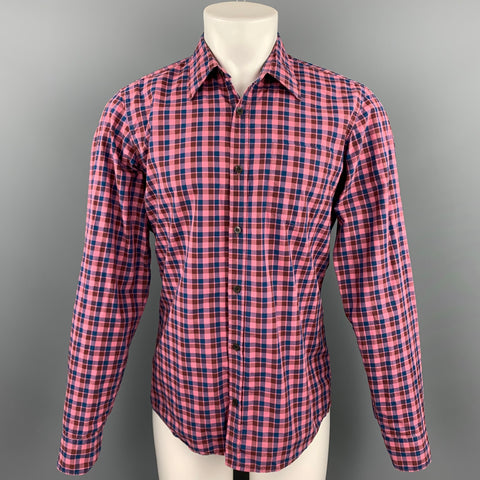 DRIES VAN NOTEN Size M Pink & Navy Plaid Cotton Button Up Long Sleeve Shirt