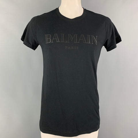 BALMAIN Size L Black Logo Cotton Crew-Neck T-shirt
