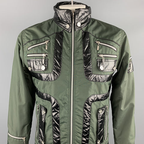 POLBOT Size L Olive & Black Solid Nylon Zip & Snaps Jacket