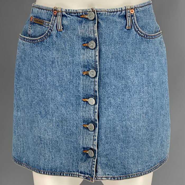 CALVIN KLEIN Size 8 Blue Cotton Button Down Mini Skirt