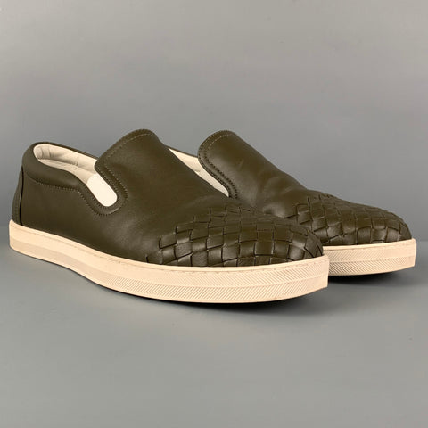 BOTTEGA VENETA Size 7.5 Olive White Woven Leather Slip On Sneakers