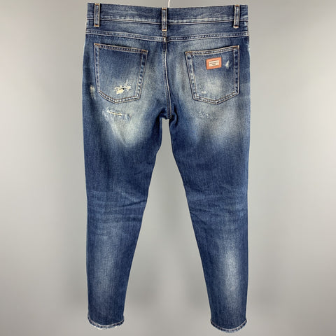 DOLCE & GABBANA Size 32 Indigo Distressed Denim Button Fly Jeans
