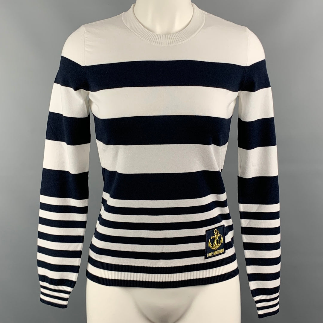 LOVE MOSCHINO Size 4 White Navy Stripped Viscose / Polyester Pullover