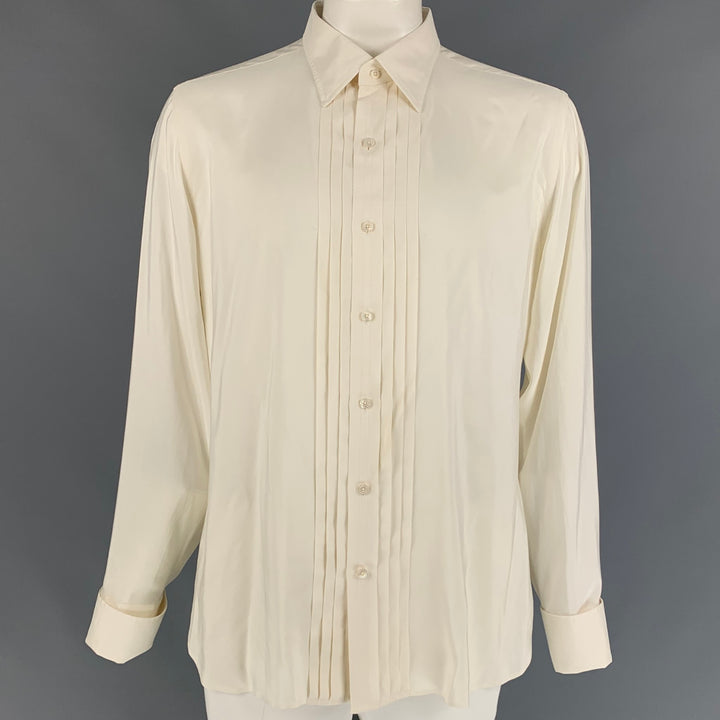 TOM FORD Size XL Cream Pleated Silk French Cuff Long Sleeve Shirt