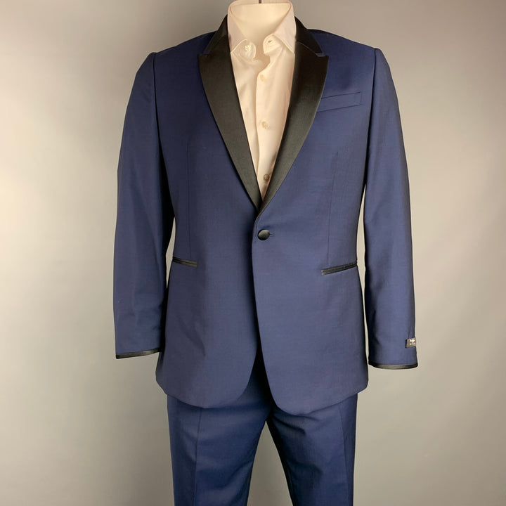 PAUL SMITH Size 42 Navy & Black Wool / Mohair Peak Lapel Tuxedo Suit