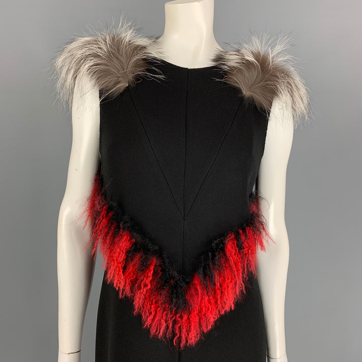 PROENZA SCHOULER Size 8 Black Polyester Lamb Fur Trim Sheath Red Cocktail Dress