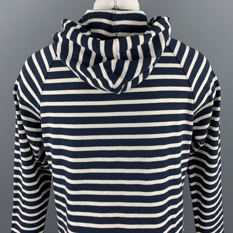 SAINT JAMES Size M Navy & Cream Stripe Cotton Hooded Kangaroo Pockets Sweatshirt