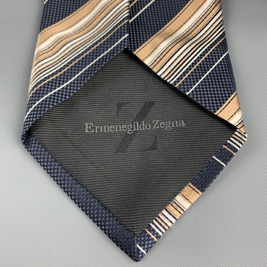 ERMENEGILDO ZEGNA Navy & Copper Diagonal Stripe Silk Tie