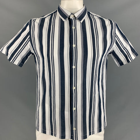 THEORY Size XL White &  Navy Stripe Button Down Short Sleeve Shirt