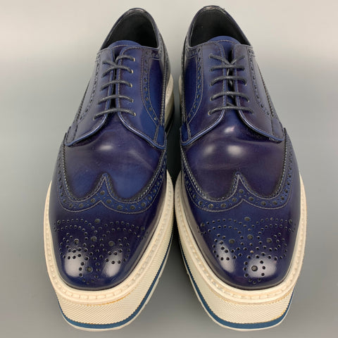 PRADA Size 6.5 Navy & White Perforated Leather Platform Lace Up Shoes