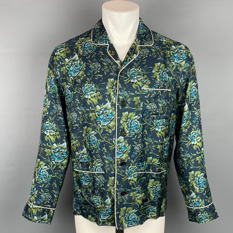 BURBERRY Camisa de manga larga de pijama de seda floral azul marino y verde talla S