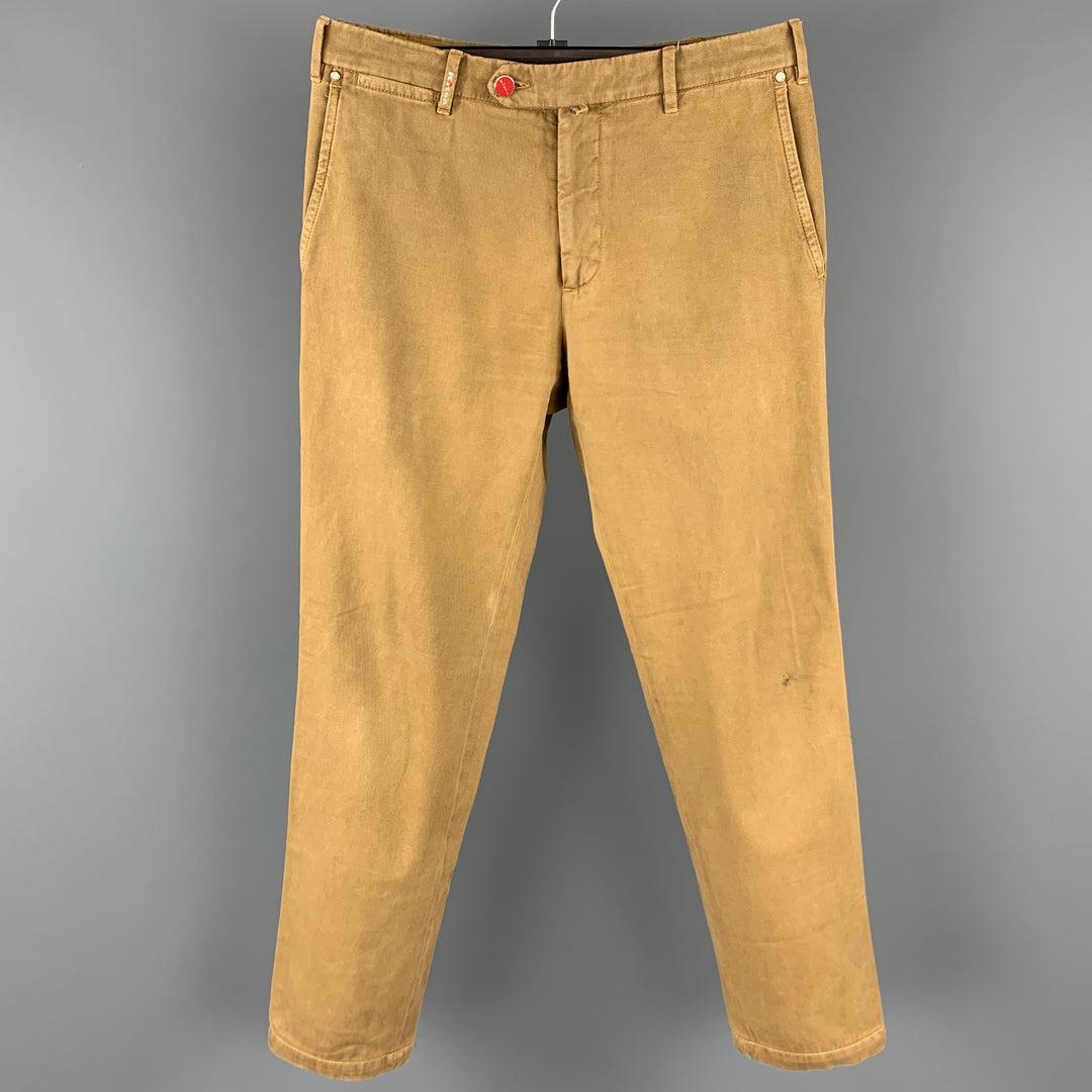 KITON Talla 30 Pantalones casuales de frente plano de algodón / viscosa color caqui