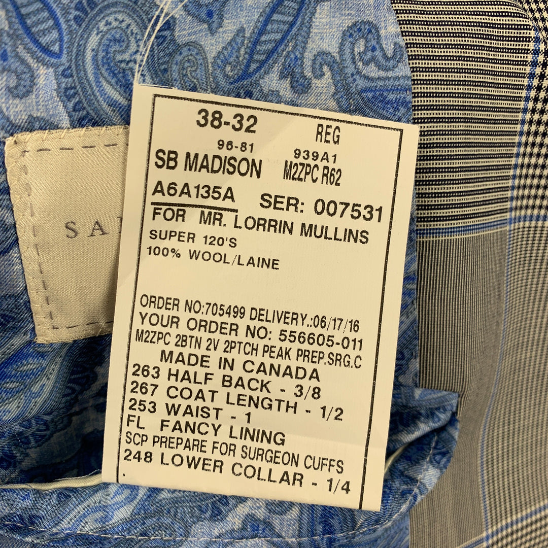 SAMUELSOHN for WILKES BASHFORD Size 38 Regular Grey & Blue Glenplaid Wool Peak Lapel Suit